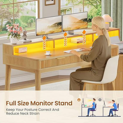 SEDETA 59" Computer Desk with 4 Storage Drawers, Fluted Wood Office Desk with File Drawer, LED Lights and Power Strip, Gaming Table Writing Desk for Home Office, Living Room, Bedroom, Oak