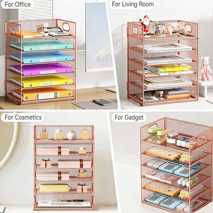 6 Tiers Letter Tray Paper Organizer with Handle, Mesh Desk File Organizer, Metal Desktop Document Shelf Organization, Paper Sorter Organizer for Office, Home or School File Folder Holder (Rose Gold)