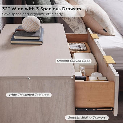 T4TREAM Fluted 3 Drawers Nightstand Set of 2, Oversized Extra Large Modern Side Table, End Table Bedside for Bedroom, Living Room, Curved Profile Design, White Alder