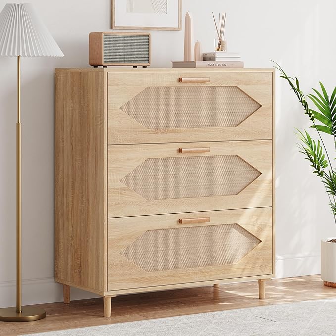 GAOMON 3 Drawer Dresser for Bedroom, 31.5 Inch Wide Rattan Modern Closet Dressers Chest of Drawers, Wood Oak Storage Chest for Kids Bedroom, Hallway, Living Room, Hallway, Natural