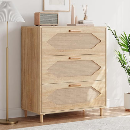 GAOMON 3 Drawer Dresser for Bedroom, 31.5 Inch Wide Rattan Modern Closet Dressers Chest of Drawers, Wood Oak Storage Chest for Kids Bedroom, Hallway, Living Room, Hallway, Natural
