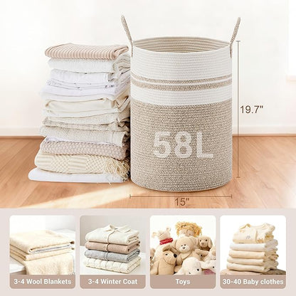 Tall Laundry Basket with Handles, 58L Portable Dirty Clothes Hamper, Boho Cotton Rope Storage Bin for Blankets Kids Toys Gifts, Decorative Organizer for Nursery Bedroom Bathroom, New Brown