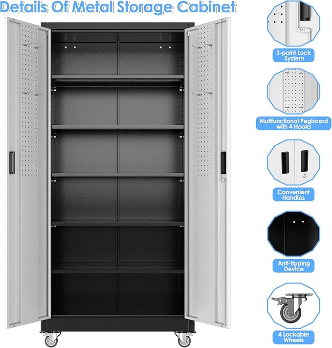 Garage Storage Cabinet with Wheels & Pegboard, Lockable Metal Storage Cabinet with Doors and 5 Adjustable Shelves for Garage, Home, Storage, Assembly Required, Black and Silvery, 71" H×34" W×18" D