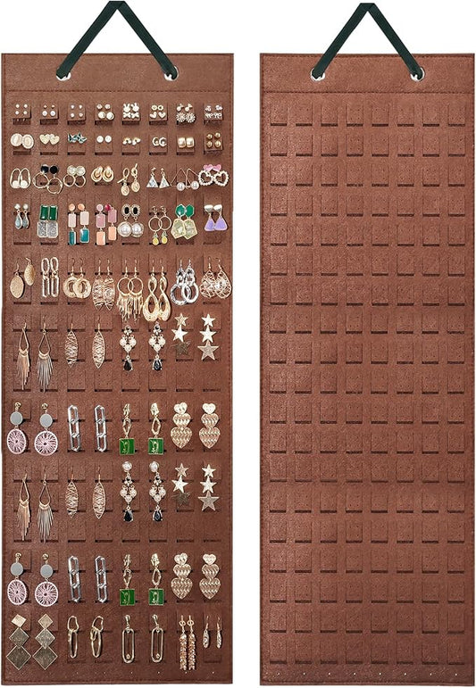 Lolalet Hanging Earring Holder Organizer with 20 Hooks for Women, Earring Organizer Wall Earrings Hanger Pierced Earring Storage, Felt Stud Earring Display, 608 Holes for Earrings - Brown, 1 Pack