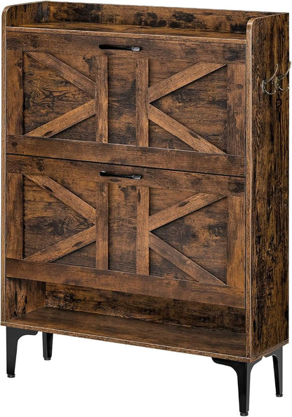 MAHANCRIS Shoe Storage Cabinet, Shoe Organizer with 2 Flip Drawers, Hidden Shoe Storage for Entryway, Freestanding Organizer with Open Storages, Rustic Brown SHHR9401N1