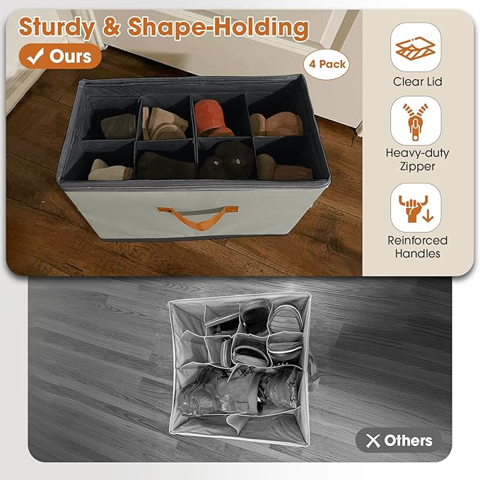 4 Pack Shoe Organizer for Closet,Foldable Shoe Storage Organizer with Adjustable Dividers, Shoe Storage Box with Clear Cover, Fits up to 16 Pairs, Gray