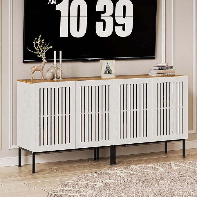 Set of 2 White Farmhouse Buffet Cabinet with Storage,Metal Base Console Table with Adjustable Shelves & 4 Doors, Antique White Sideboard for Kitchen, Dining Room, Living Room