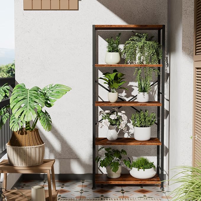 Furologee 5 Tier Book Shelf, Tall Wide Bookshelf, Industrial Open Bookcase, Display Shelves Storage Organizer, Shelving Unit for Living Room, Home Office, Bedroom, Rustic Brown