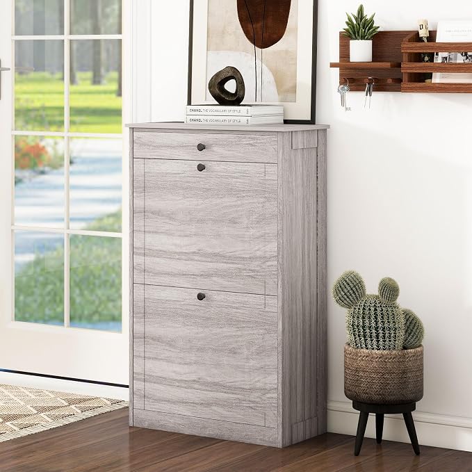 FTZxHKLX Shoe Storage Cabinet with 2 Flip Drawers, Narrow Freestanding Hidden Shoe Rack Cabinet, Pet-Proof Shoe Organizer for Closet, Entryway, Hallway, Wash Grey
