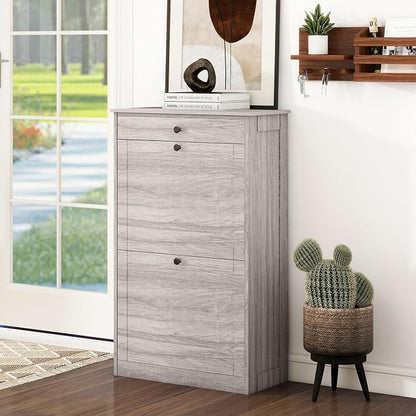 FTZxHKLX Shoe Storage Cabinet with 2 Flip Drawers, Narrow Freestanding Hidden Shoe Rack Cabinet, Pet-Proof Shoe Organizer for Closet, Entryway, Hallway, Wash Grey
