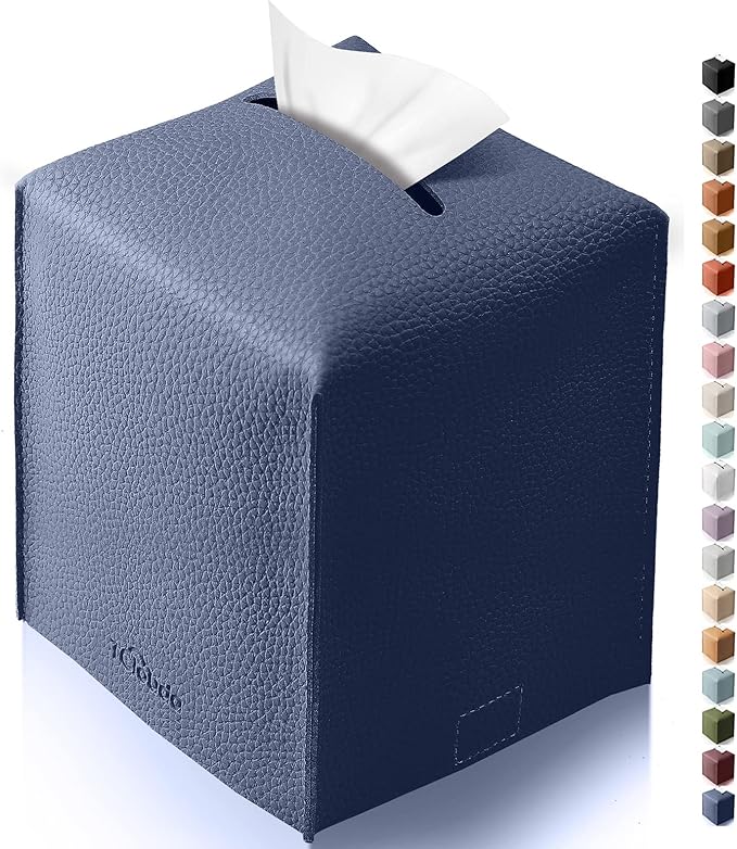 Tclouda Tissue Box Cover for PU Leather, Modern Simple Solid Color Holder Square Tissue Bag, Ideal for Bathrooms,Office,Car,Outdoor Tent,Dining Table,5"X5"X5", Single Navy Blue