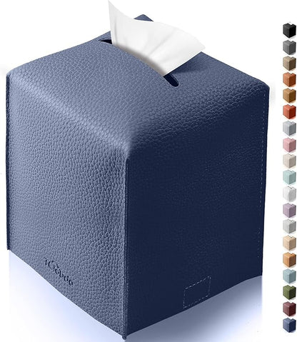 Tclouda Tissue Box Cover for PU Leather, Modern Simple Solid Color Holder Square Tissue Bag, Ideal for Bathrooms,Office,Car,Outdoor Tent,Dining Table,5"X5"X5", Single Navy Blue