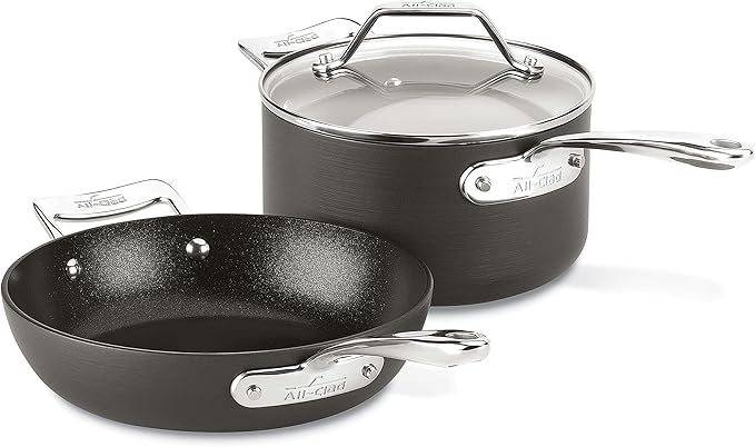 All-Clad Essentials Hard Anodized Nonstick Fry & Sauce Pan Set 8.5 Inch , 2.5 Quart Oven Broiler Safe 500F Pots and Pans, Cookware Black
