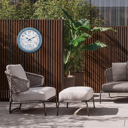 OCEST 16 Inch Indoor Outdoor Clock, Waterproof Large Wall Clock with Thermometer, Silent Non-Ticking Battery Operated Decor for Patio Pool Porch Garden Garage（Blue）