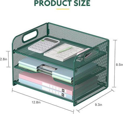Samstar 3 Tier Green Letter Tray Paper Organizer with Handle, Mesh Desk Organizer Paper Sorter File Rack Shelves, Green