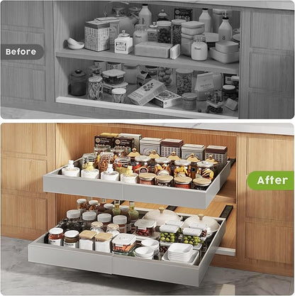 Seinloes 2 Pack Pull Out Cabinet Organizers 21" Deep With Raising Pad for Framed Cabinets, Expandable Width (15.2"-26.3") Slide Out Drawers Upgrade 3 Slide Rails, Roll Out Shelves Adhesive, Silver