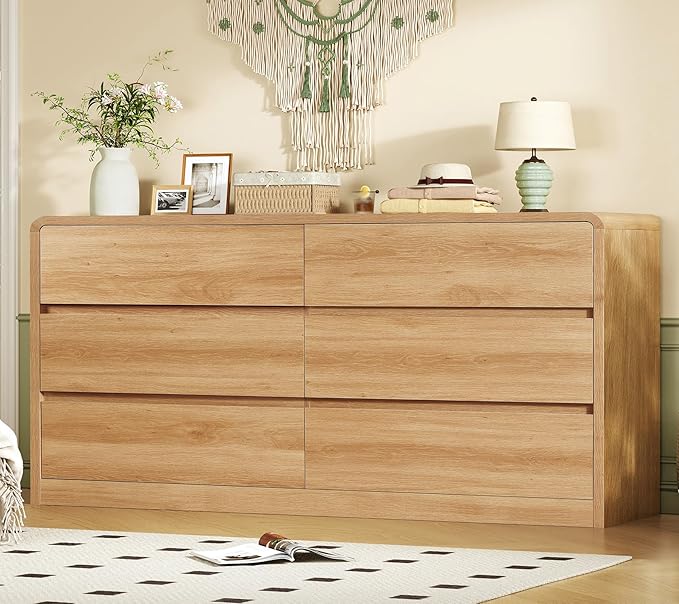 TEENFON 55" Wide Dresser for Bedroom with 6 Drawers, Dressers & Chests of Drawers with Curved Profile Design, Bedroom Dressers, Wood Dressers for Bedroom, Hallway, Natural
