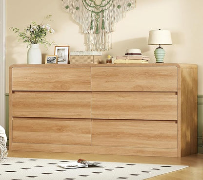 TEENFON 55" Wide Dresser for Bedroom with 6 Drawers, Dressers & Chests of Drawers with Curved Profile Design, Bedroom Dressers, Wood Dressers for Bedroom, Hallway, Natural