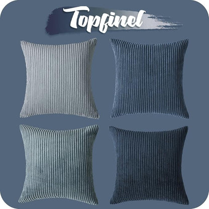 Topfinel Decorative Throw Pillow Covers Dusty Blue Navy Series 18x18 Inch Set of 4,Summer Corduroy Striped Toss Pillows for Couch,Patio,Balcony,Children Bedroom,Modern Fluffy Blue Gradient Shams