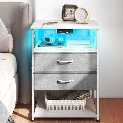 AODK Night Stand with Charging Station and LED Lights, 27.6 Inch Bed Side Table with 2 Drawers and Open Shelf, Bedside Table for Bedroom, Living Room, White & Light Grey