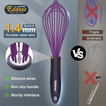 Silicone Whisk, Eddeas Whisk Non-Scratch Coated Whisks set of 3-Heat Resistant(450°F) Kitchen Wisk, Balloon Egg whisk Perfect for Blending, Whisking, Beating & Stirring, Purple