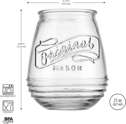 Glaver's Stemless Wine Glasses 21 Oz. Set Of 4 Original Mason Vintage Goblet Beverage Glasses Uses For Your Cocktail Lounge, Whiskey Parties, and Everyday Dinner Table. Dishwasher Safe. (Large)