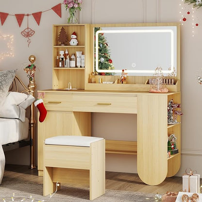 GOODONE 47'' Wood Vanity Desk with Mirror and Lights, Makeup Girls Vanity Set with 2 Drawers, 2 Storage Shelves & 1 Cabinet, Power Outlet, Stool, Dressing Table for Bedroom, Nature