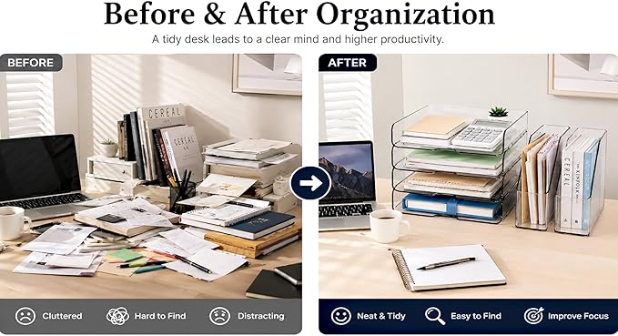 DCA Clear Acrylic Desk Organizer Set, 4 Tier Letter Tray with 2 Magazine File Holders, Clear Paper Organizer for Office, Home, School, Desktop File Storage for Documents, Books & Supplies