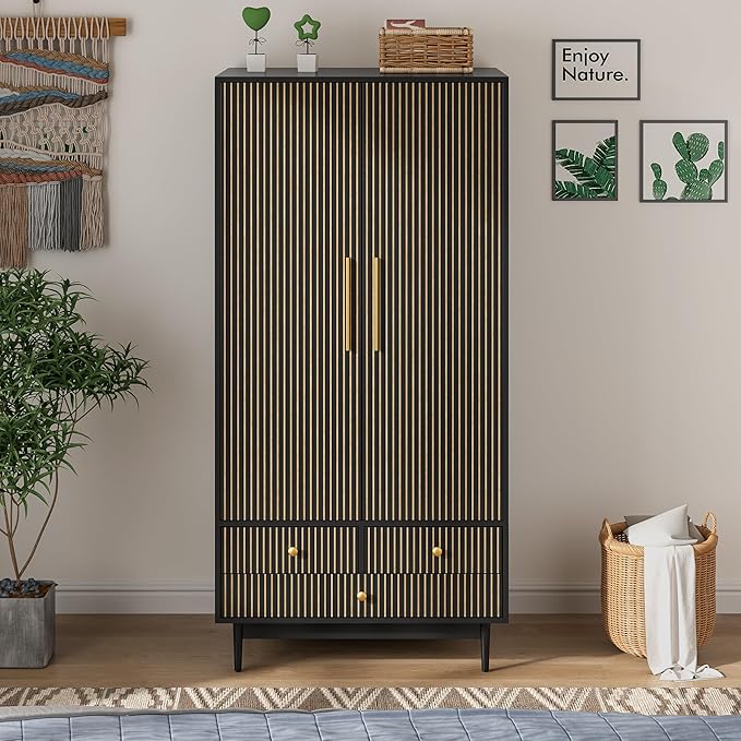 Armoire Wardrobe Closet with 2 Fluted Doors,64.96" Wooden Clothes Storage Cabinet with Hanging Rod and Shelf Storage,Wardrobe Cabinet with 3 Drawers,Freestanding Closet for Bedroom (Black)
