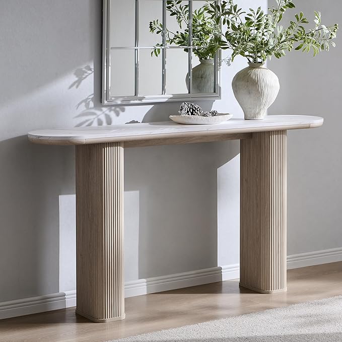 OKD 63" Modern Console Table with Arc Faux Marble Texture Top, Fluted Wood Base, Contemporary Entryway Sofa Table for Living Room, Hallway, Foyer, White Alder