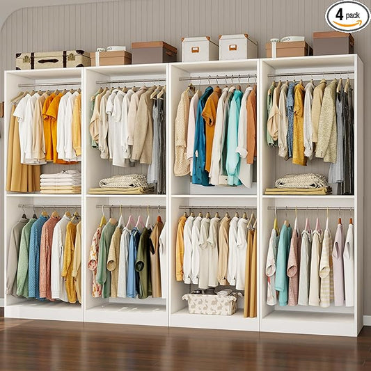 Closet System with 12 Hanging Rods& Shelf , 8FT Small Closet Organizer System Wood with Extra Side Hanging Rod for Walk in Closet Storage, Modular Closet Systems, White(8FT)