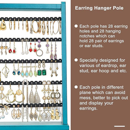 Poyilooo Earring Organizer Stand, Rustic Wood Earring Holder Rack, 5 Layer Jewelry Holder Organizer with 270 Earring Tree Holes Display for Stud Earings & Hoop Earrings, Gifts for Women (Teal)