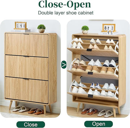 Narrow Shoe Cabinet Storage for Entryway,Slim Shoe Cabinet with 2 Flip Drawers, Fluted Shoes Rack Organizer (All Natural, 3 Drawers)