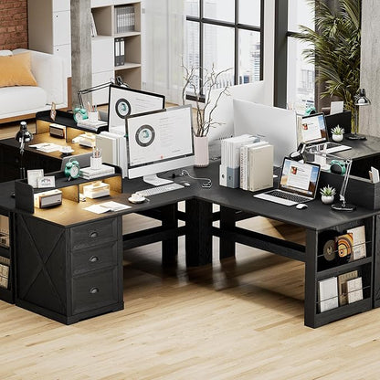 FREDEES L Shaped Desk with Movable Stand and Led Lights, 59 inch Farmhouse Home Office Desk with File Drawer, Corner Computer Desk with Power Outlets, Executive Desk for Working,Gaming, Black