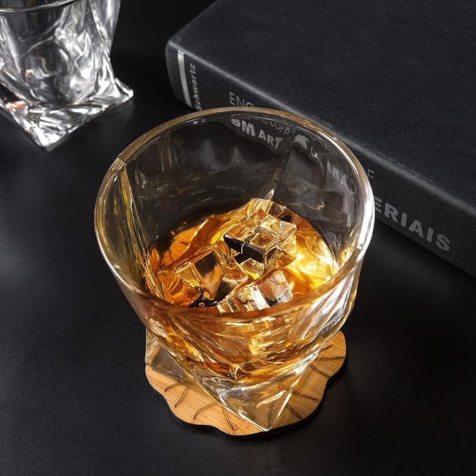 KANARS Whiskey Glasses Set of 4, 10 Oz Crystal Old Fashioned Cocktail Glass in Gift Box, Twisted Lowball Bourbon Tumbler for Scotch Whisky Cognac, Rock Barware for Men Gift Christmas