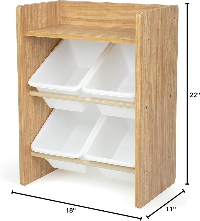 Humble Crew 4-Bin Storage End Table – Nightstand with Natural Wood Frame & White Plastic Bins, 2-Tier Organizer with Shelf for Bedrooms, Dorms & Small Spaces