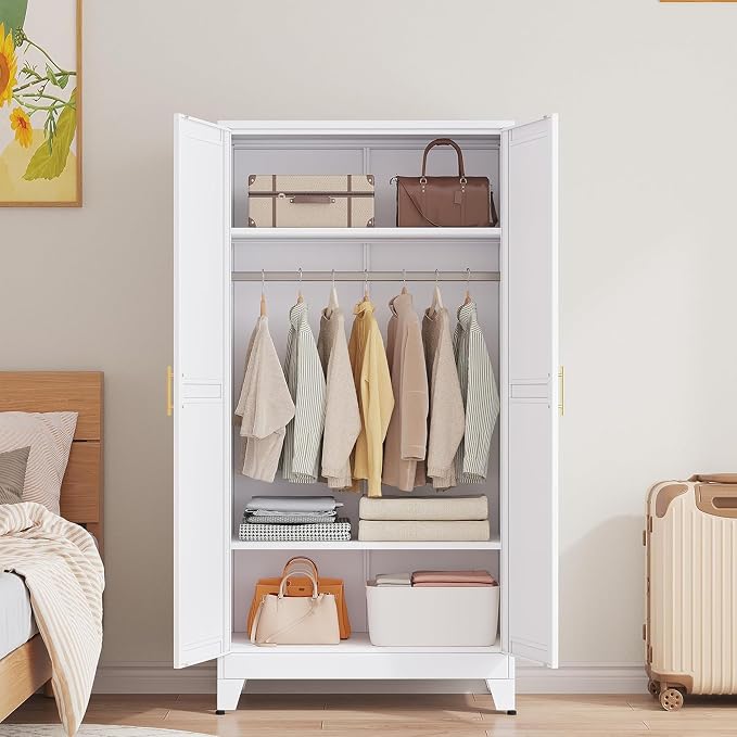 GAIOUS Metal Wardrobe Cabinet with Hanging Rod, Clothing Storage Cabinets | with 2 Doors and Adjustable Shelves, 71" Metal White Armoire Wardrobe Closet for Bedroom, Laundry Room, Cloak Room