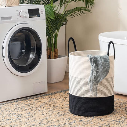 YOUDENOVA Woven Rope Laundry Hamper Basket, 72L Tall Laundry Basket, Baby Nursery Hamper for Blanket Storage in Bedroom-Large-Dark White