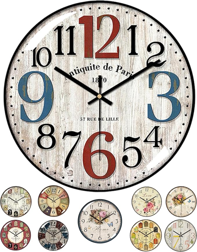 Decorative Wall Clocks Batterys Operated, Retro Wall Clock with Glass Dial, 12-Inch Dial with Roman Numerals, Silent and No Ticking, Suitable for Living Room, Bedroom, Dining Area, Workspace