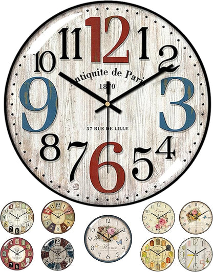 Decorative Wall Clocks Batterys Operated, Retro Wall Clock with Glass Dial, 12-Inch Dial with Roman Numerals, Silent and No Ticking, Suitable for Living Room, Bedroom, Dining Area, Workspace