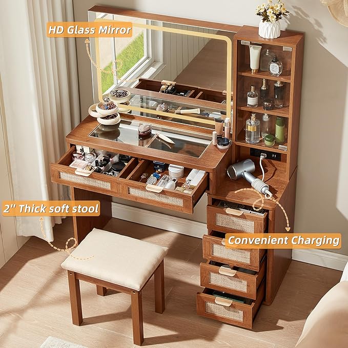 LEYAOYAO Rattan Vanity Desk with Mirror and Lights, 43.5'' Boho Makeup Vanity with 6 Drawers and Adjustable Shelves, Brown Make Up Vanity Dressing Table with Glass Top and Power Outlet for Bedroom
