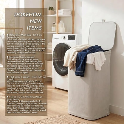 DOKEHOM 100L Laundry Hamper with Lid, Large Collapsible Laundry Basket with Removable Mesh Liner Bag, Collapsible Clothes Sorter for Bedroom, Bathroom, College Dorm, Light Grey