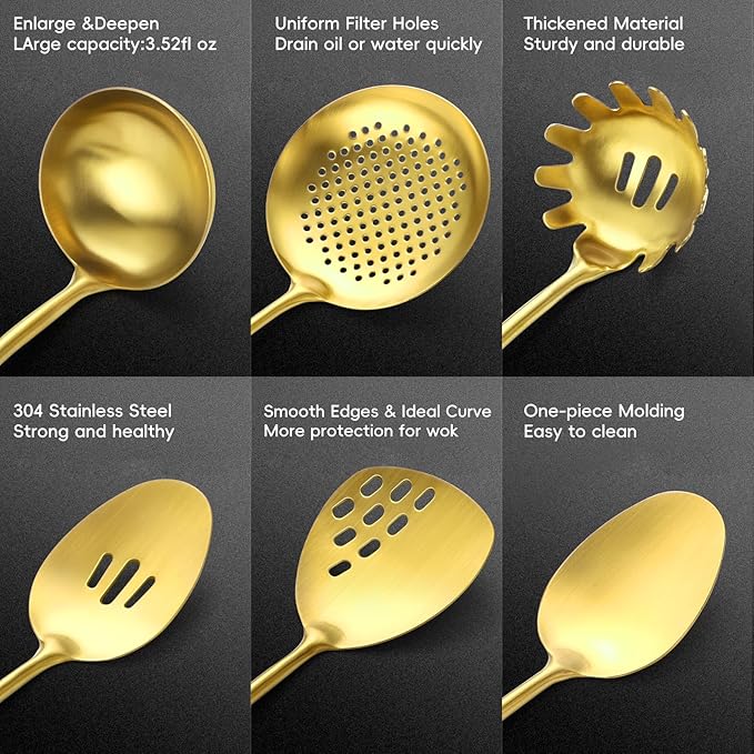 18/10 Stainless Steel Kitchen Utensils Set with Wood Handle Metal Cooking Utensils Set, 6-Piece - Spatula, Spoon, Ladle, Skimmer, Slotted Spoon, Pasta