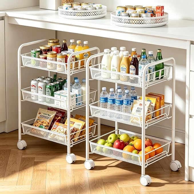 3-Tier Mesh Rolling Cart - 24.8" H Fits Under Desk Metal Cart with Wheel | Hold 35bls/Tier Small Space Storage Organizer Crafts Utility Cart for Office Pantry Bathroom Kitchen Laundry White