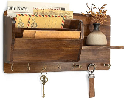 Rebee Vision Pine Wood Key Holder Wall Mount for Home Decor - Stylish Mail Holder Wall Mounted with Shelf & Hooks for Entryway - File Organizer with 3-Tire Mail Sorter for Lettter, Paper (Light Brown)
