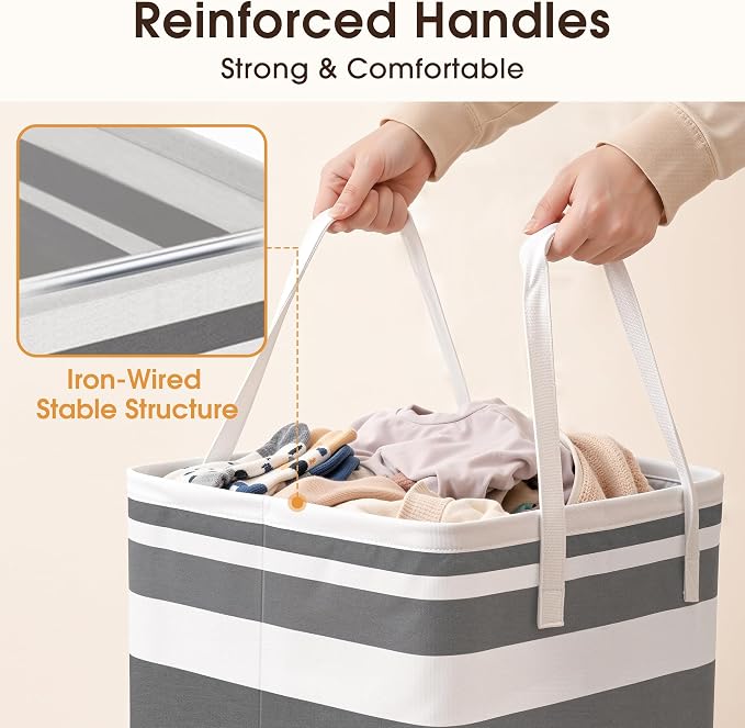 HomeHacks 2 Pack Large Laundry Baskets, Waterproof, Freestanding Laundry Hampers, Collapsible Clothes Hamper with Reinforced Handles in Laundry Room, College Dorm, Bathroom, Bedroom (Grey, 75Lx2)