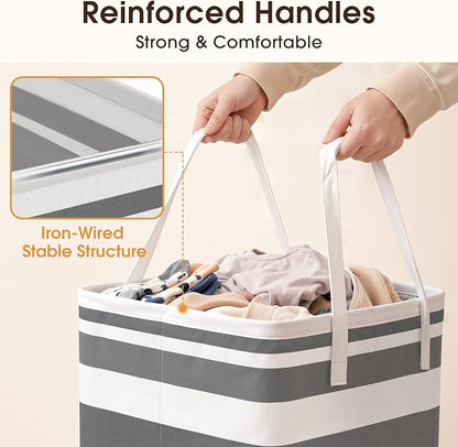 HomeHacks 2 Pack Large Laundry Baskets, Waterproof, Freestanding Laundry Hampers, Collapsible Clothes Hamper with Reinforced Handles in Laundry Room, College Dorm, Bathroom, Bedroom (Grey, 75Lx2)