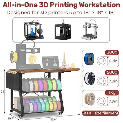 3D Printer Stand with Foldable Desktop & Fabric Drawer – Compact Rolling 3-Tier 3D Printer Table with Power Outlet & X-Bracket Stability for Small Spaces, Home, Workshop