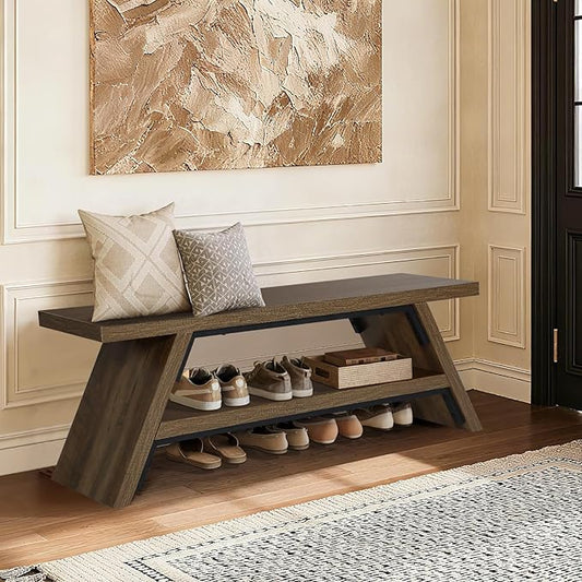 2-Tier Shoe Bench,Solid Wood Shoe Storage Bench,Modern Narrow Bench for Entryway, Kitchen, Bedroom, Dining（Brown）