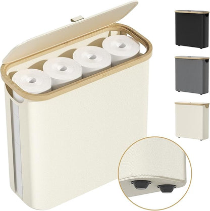 Toilet Paper Storage Basket with Lid and Handle, Foldable Toilet Paper Basket Organizer for Bathroom, Large Capacity Toilet Paper Holder with Storage for 12 Mega or 16 Regular Rolls, Beige
